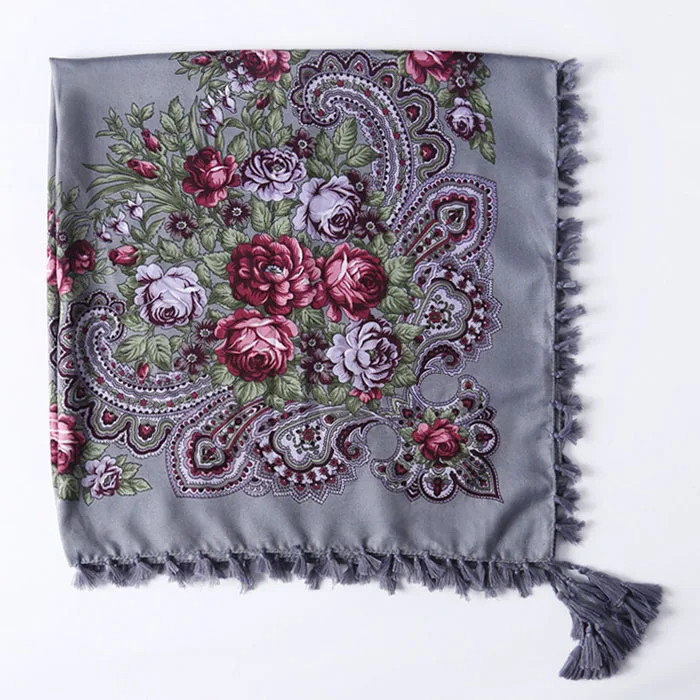 90*90CM Women Russian Style Peony Floral Printed Long Tassel Large Square Scarf Warm Wrap Traditional Ethnic Mexican Shawl