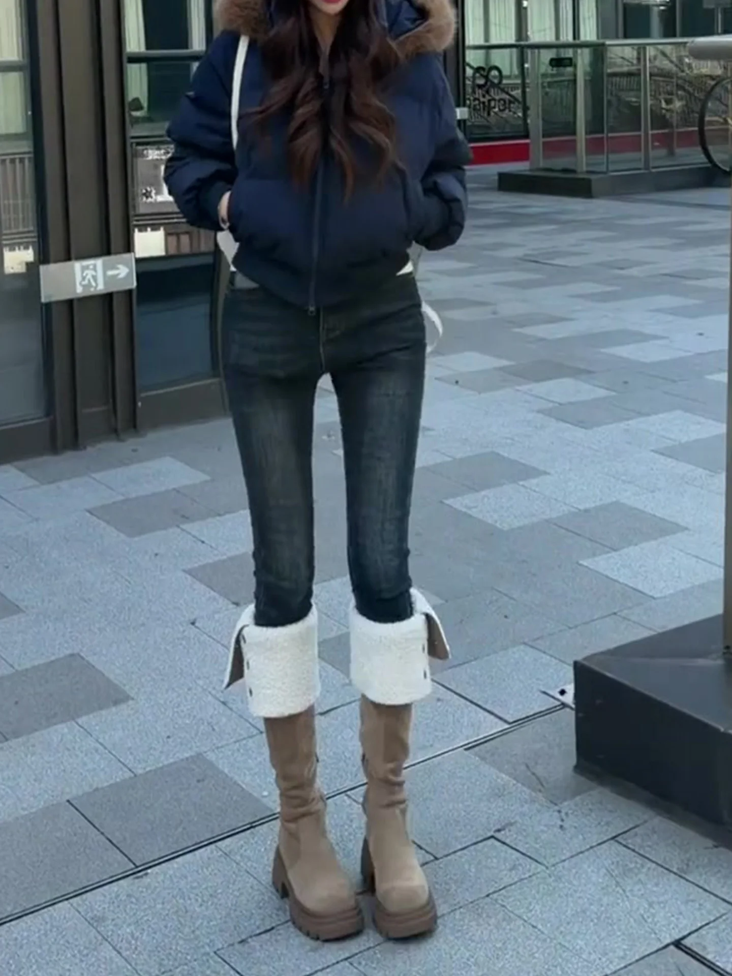 Retro American Deep Blue Hohe Taille Fce Gefüttert Skinny Nine Points Damen Jeans Herbst Winter Neue Sle Bleistift Slim Fit Hosen