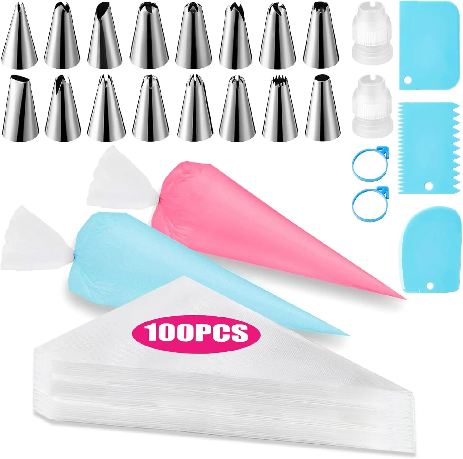 

Cake Decorating Supplies Kit with 100 Pastry Bags 16 Tips 3 Scrapers for Baking
