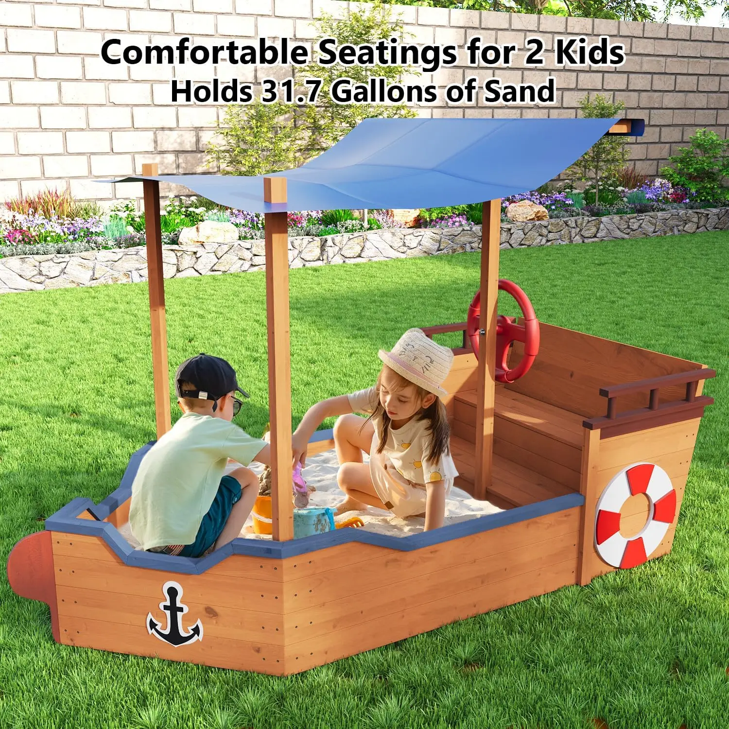 Arenero de Barco Pirata grande con cubierta, caja de arena de madera con dosel, timón, asiento y espacio de almacenamiento oculto, conjunto de juegos para patio trasero al aire libre