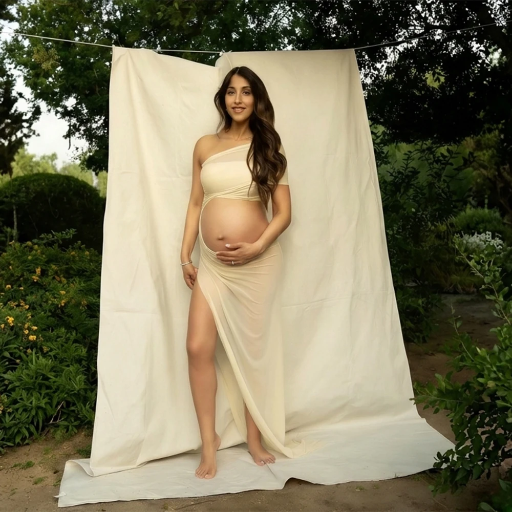 Maternity Sexy Off Shoulder Photography Outfit Cut Out Belly See Through Mid Dress for Photoshoot