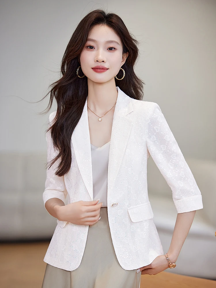 Lightweight Apricot Lace Short Sleeve Suit Jacket Women's Spring Summer Fashion Slim Fit Polyester Fiber One Button Closure