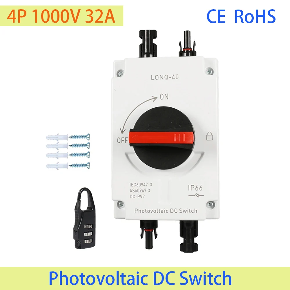 

Potovoltaic Solar DC Isolation Switch 4P 1000V 32A PV Solar Switch UKPM Rotating Handle IP66 Waterproof Dustproof EKD7