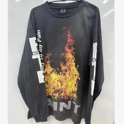 High Street 24ss Vintage Washed Long Sleeve T-Shirt Saint Man Woman Loose Printed Tops 100% Cotton Casual Fashion T Shirt Tees