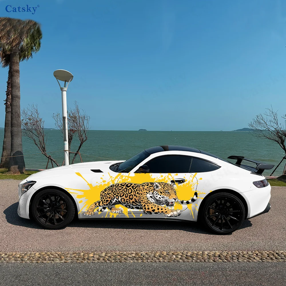 

Желтый леопардовый брызгося чернил, автомобильные виниловые наклейки, самоклеящаяся наклейка из ПВХ, подходит для грузовиков, внедорожников, декор, автоаксессуары, подарок