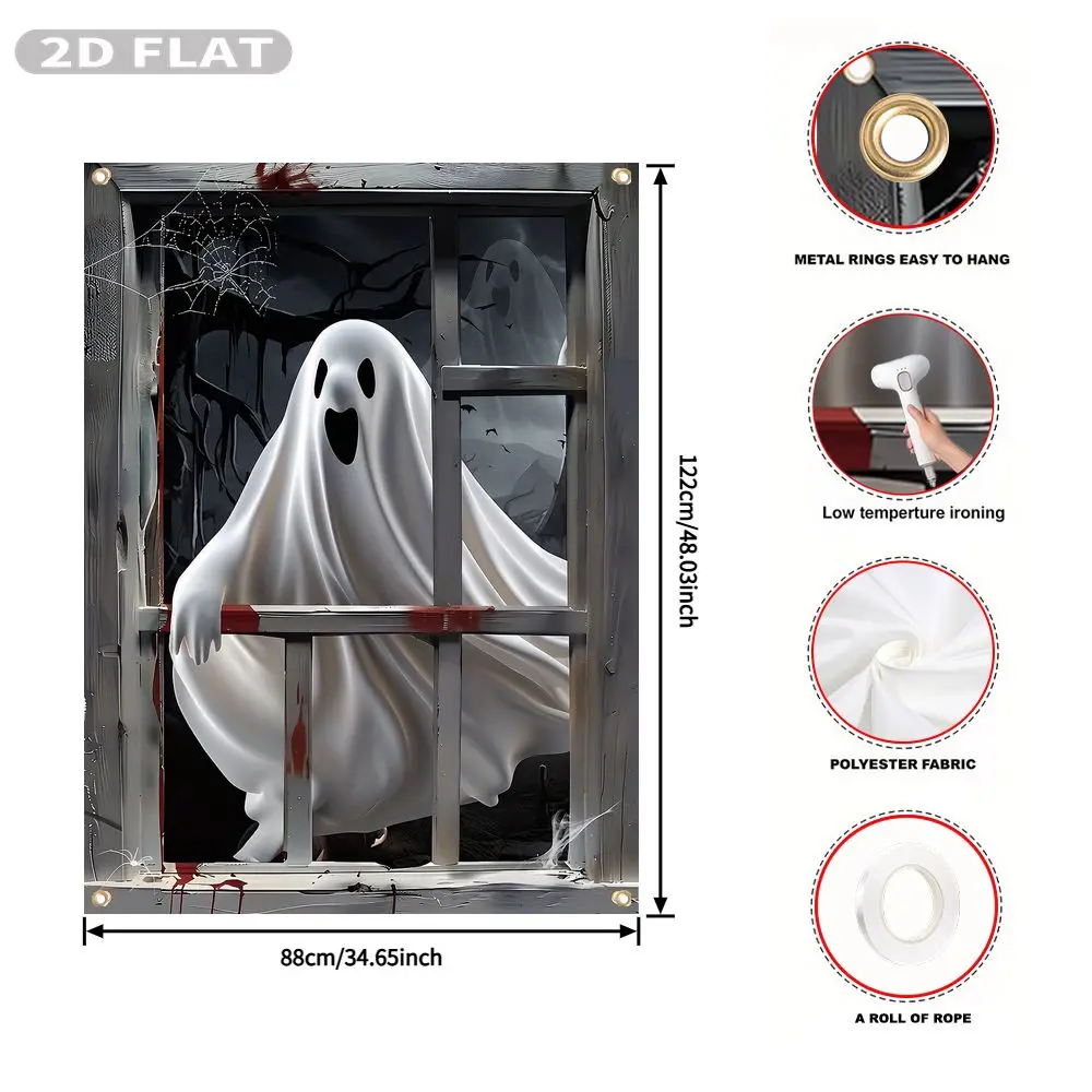 2D FLAT 1pc Party Banner, Halloween Window Cover with Ghost Behind Window with Christmas Trees Outside, 122x88cm, Polyester