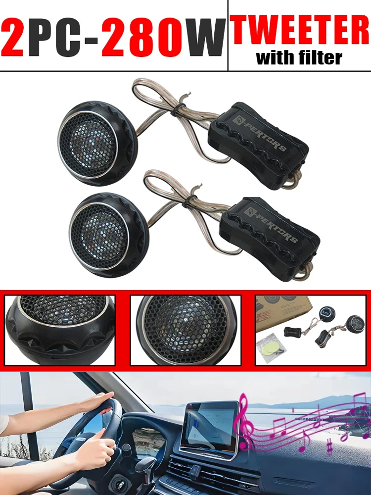Głośniki wysokotonowe samochodowe 280W (2 szt. * 140W) z filtrem, głośniki stereo, miękkie kopułki, zrównoważone głośniki wysokotonowe do ciężarówek, głośniki samochodowe z jedwabną membraną. — 2