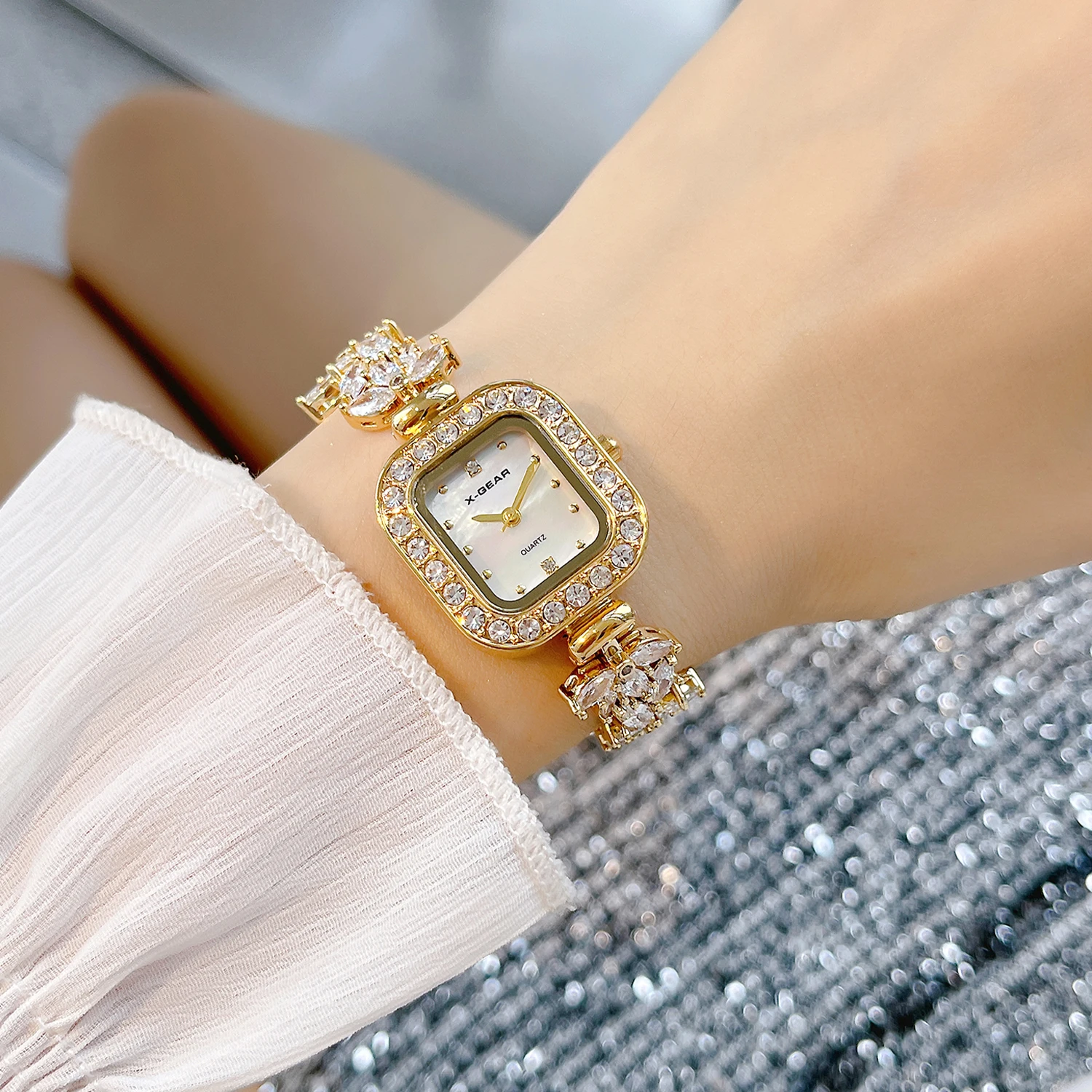 X-GEAR Women's Quartz Watch - Crystal-Embedded Steel Bracelet, Designer Square Wristwatch