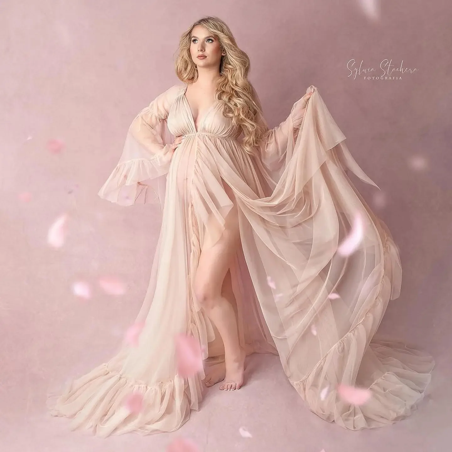 

Sexy Chiffon Maternity Dress Women Robes for Photoshoot See Thru Long Women Dress To Party Babyshower Gowns