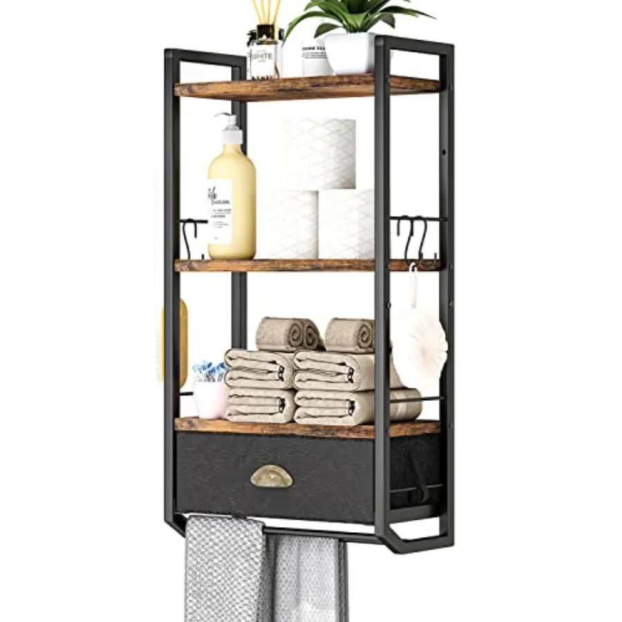 

Bathroom Storage Organizer Wall Mounted 3 Tier Bathroom Towel Rack Shelf with Storage Drawer Double Towel Bars and Hooks Indust