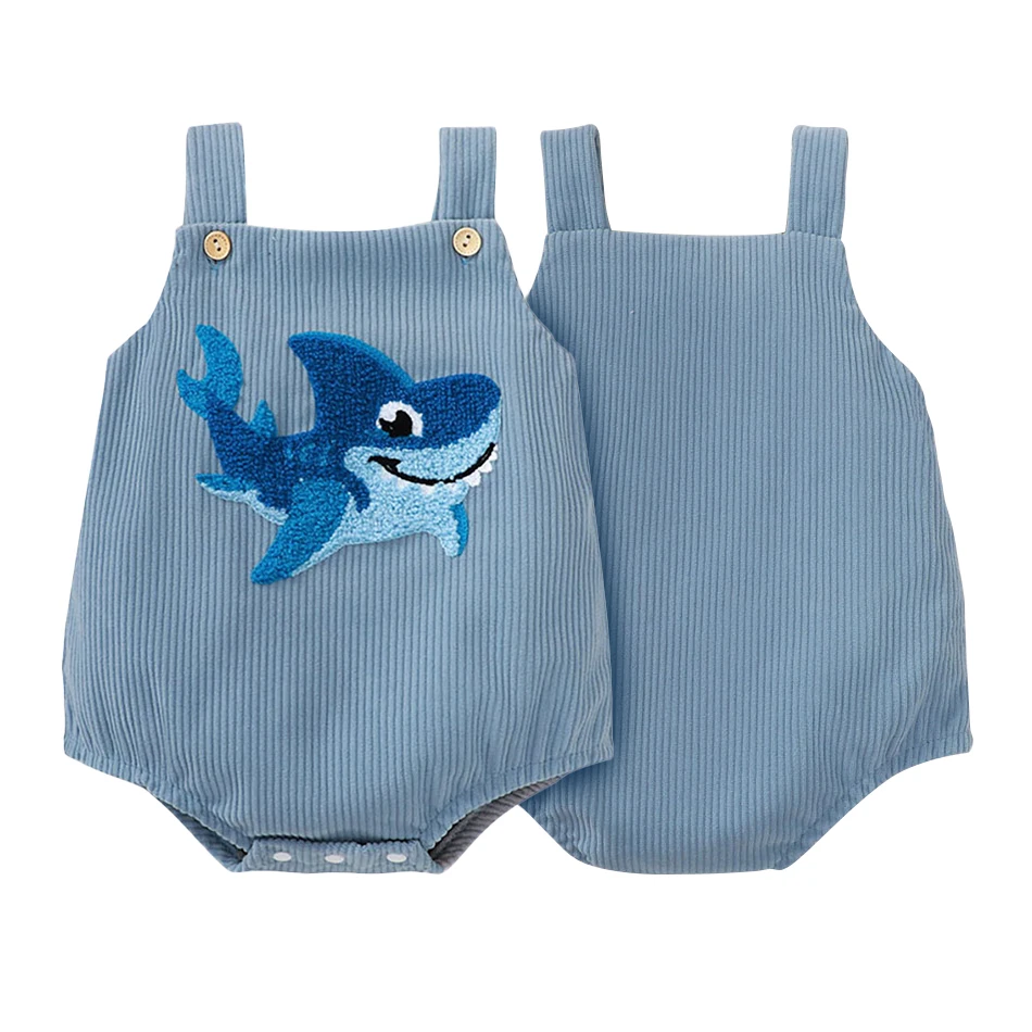 Baby Boys Blue Corduroy Cute Shark Towel Embroidered Suspender Bodysuits Children Home Activities Comfortable One-Pieces