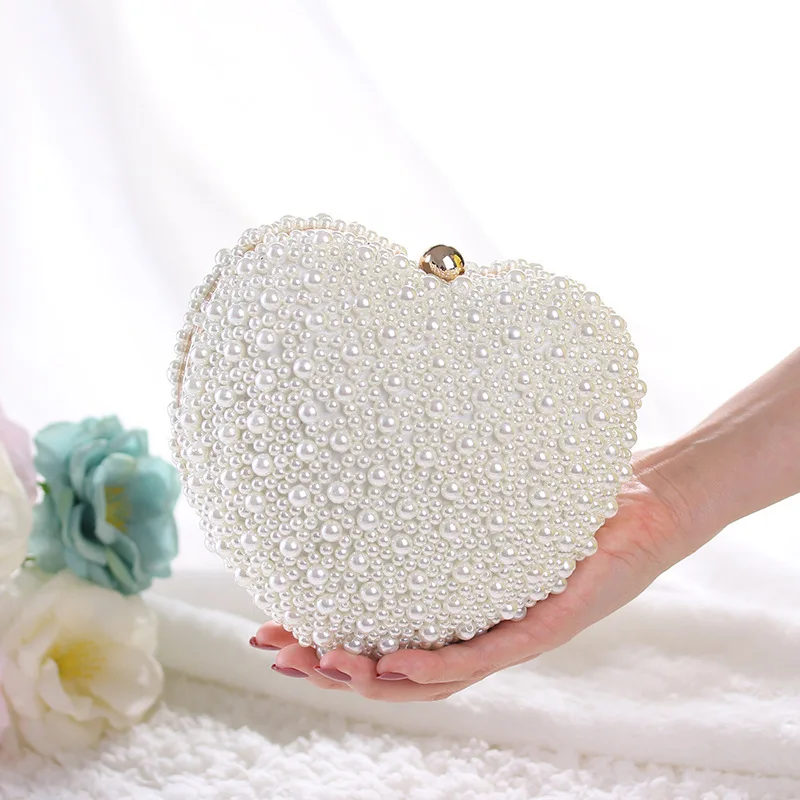 2023 Party dinner bag Pearls Heart Shaped Wedding Clutch Purse Full Side Beads Mini Wallets With Chain Shoulder Bags For Girls
