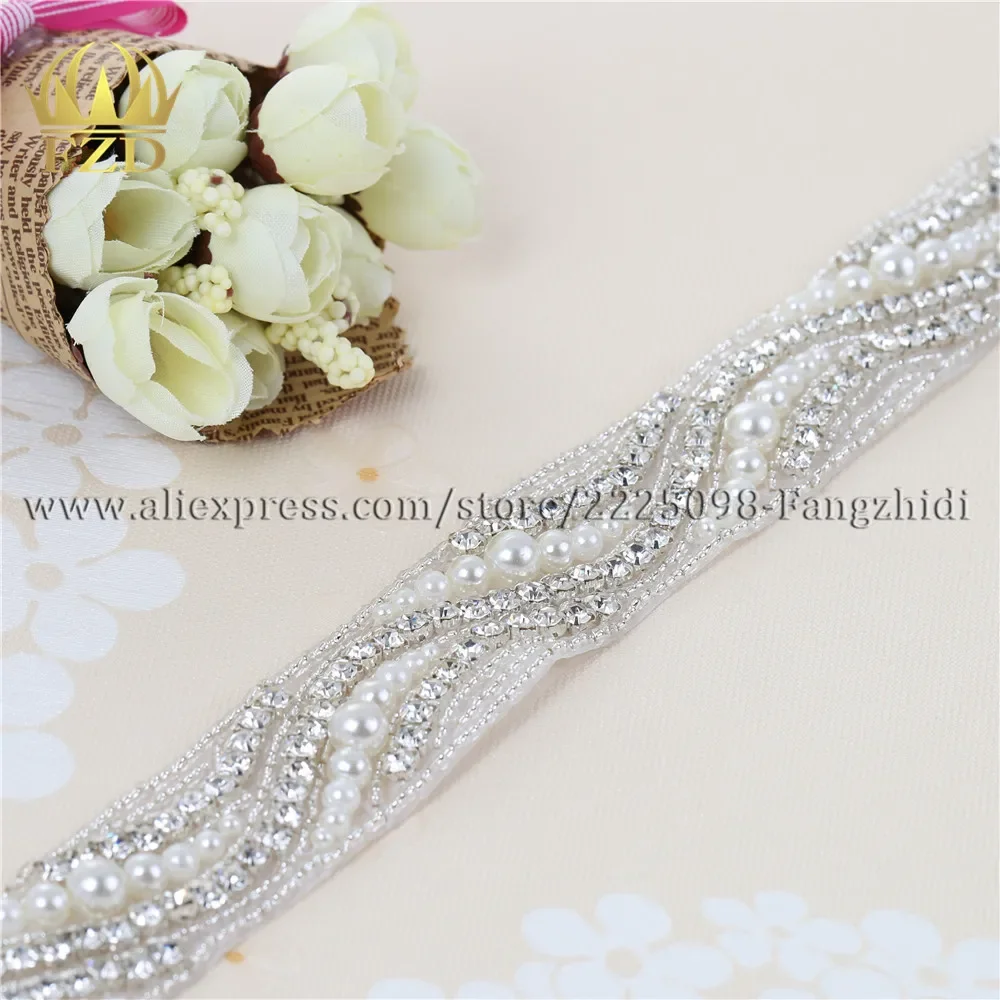 

(5yards) Iron On Sewing Wholesale Bridal Wedding Dresses Sash Pearl Beaded Rhinestone Appliques Trimming Sash Headpieces