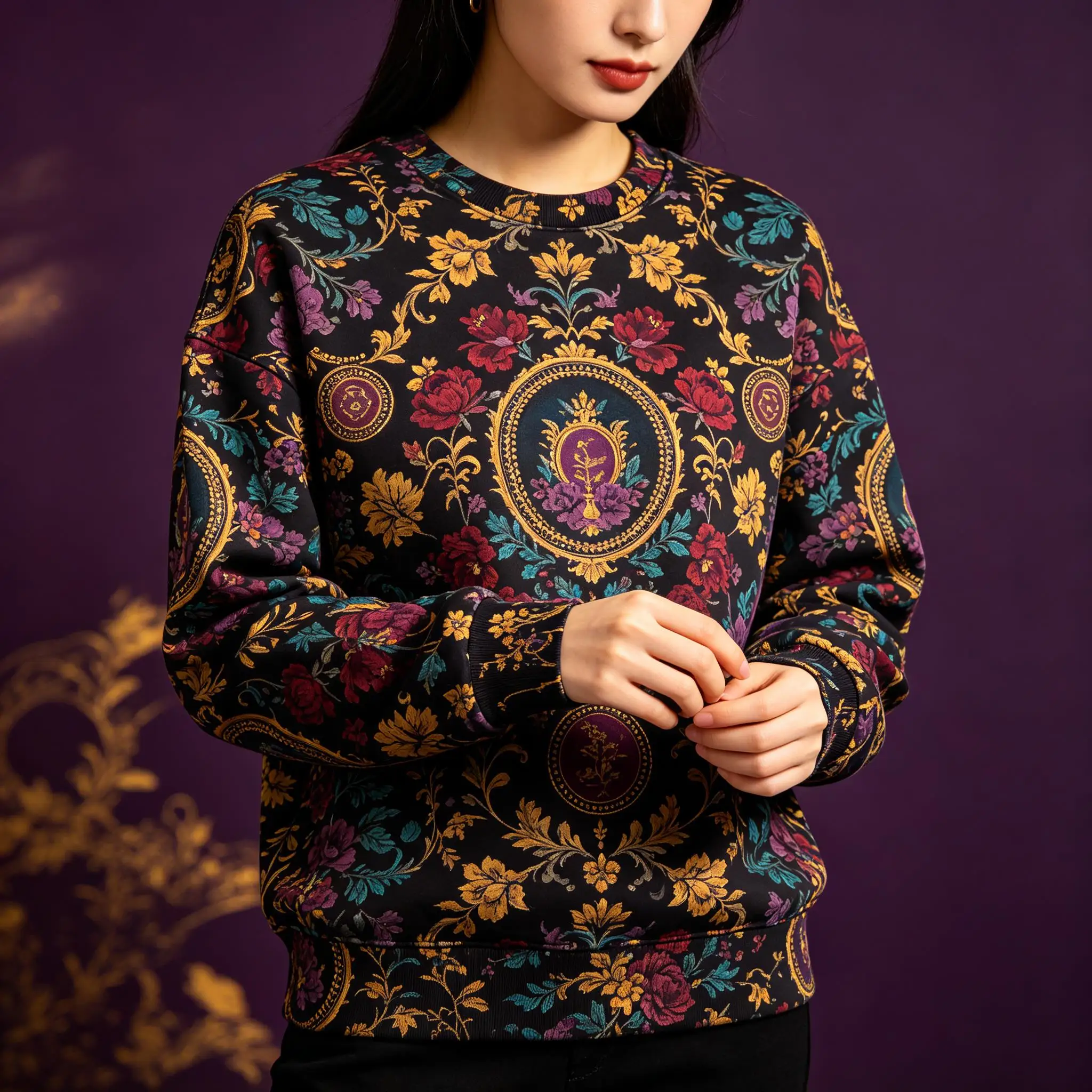 Women Crew Neck Fleece Sweatshirt Vintage Baroque Floral Portrait Frame Print Long Sleeve Loose No Hood Warm Pullover