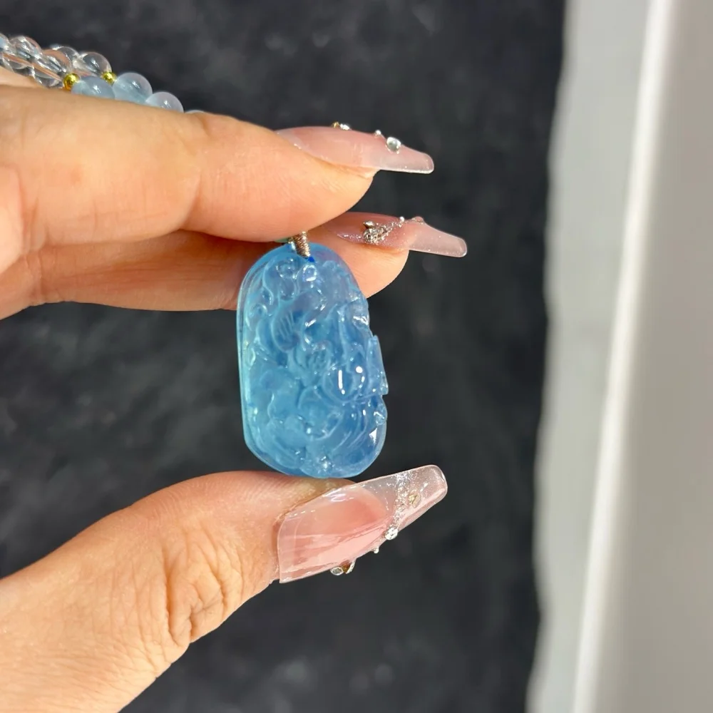 Natural Aquamarine Peony Clear Quartz Chain Necklace for Women Clavicle Fashion Healing Jewelry Gift - 1 Piece