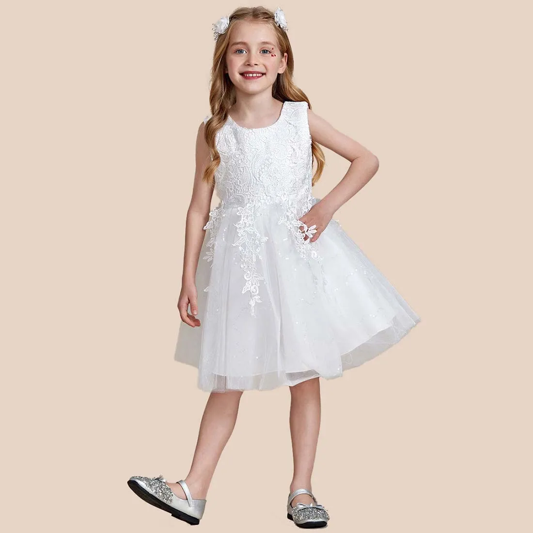 YZYmanualroom vestido elegante de encaje bordado para niña de flores, línea A, con lazo y sin mangas, 2-15T