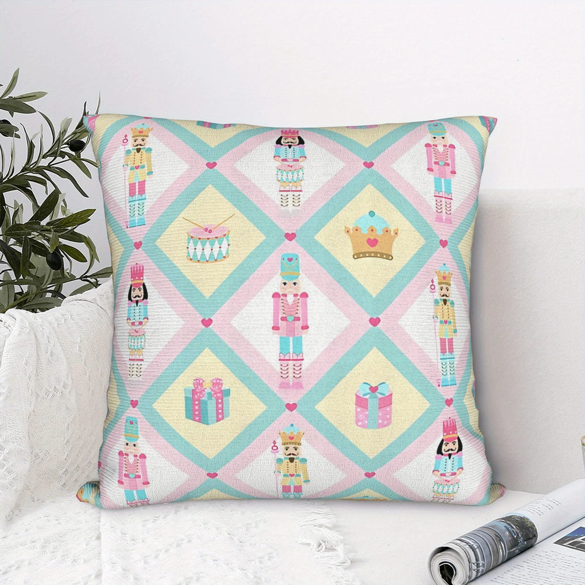 Nutcracker Soldier & Princess Throw Pillow Cover Holiday Design with Gift Boxes Crown, Polyester, Machine Washable 1pc