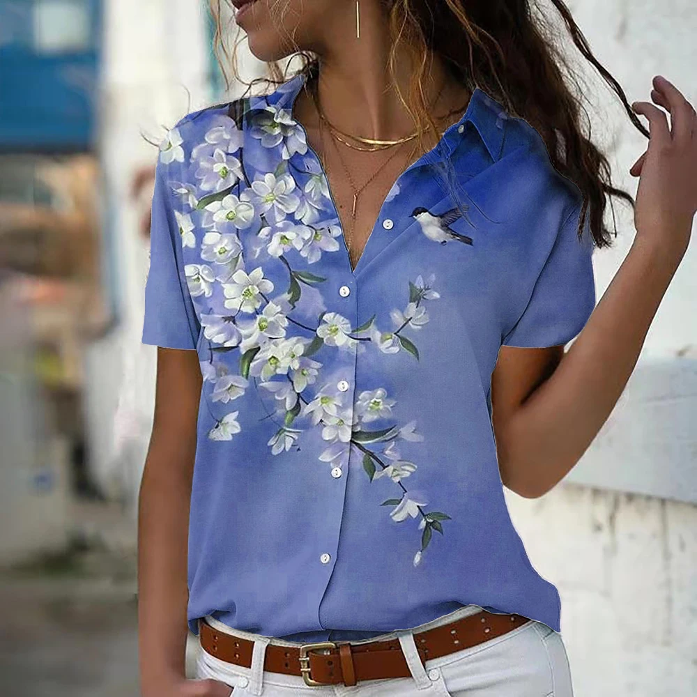 Camisa con estampado Floral de pájaro en 3D para mujer, blusa elegante de manga corta con botones de talla grande, ropa de moda