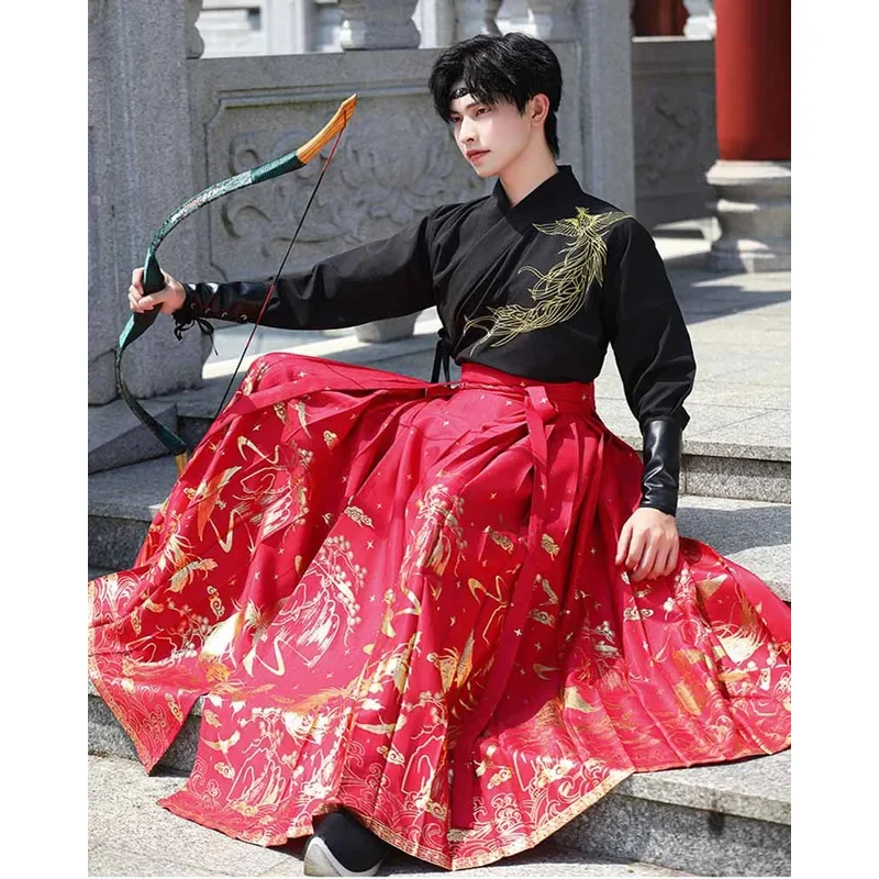 

Autumn Chinese Hanfu 2pcs Sets Women&Men New Year Costume Oversized Christmas Horse Face Skirt Shirt Pleats Skirt Plus Size 4XL