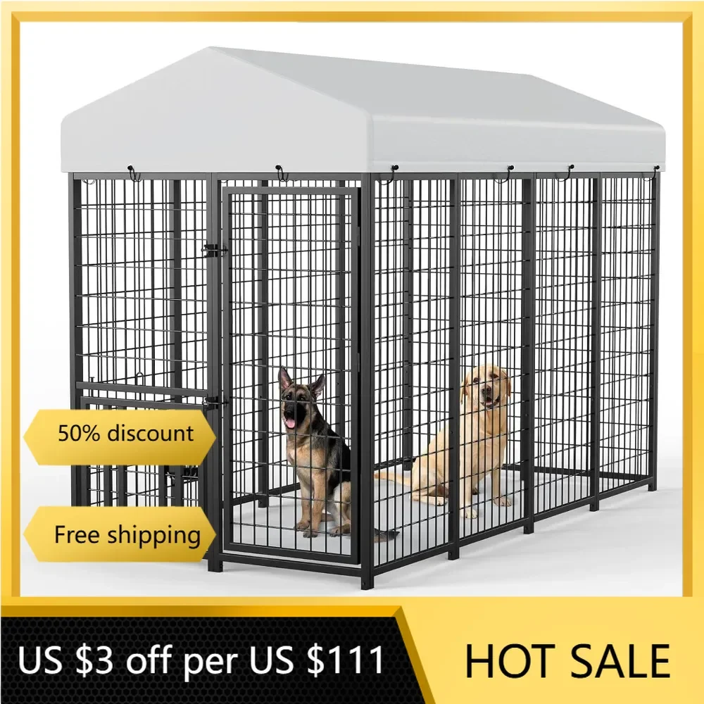 

Large Dog Kennel Outdoor Pet Pens Dogs Run Enclosure Animal Hutch Metal Coop Fence with Roof Cover (8'L x 4'W x 5.6'H)