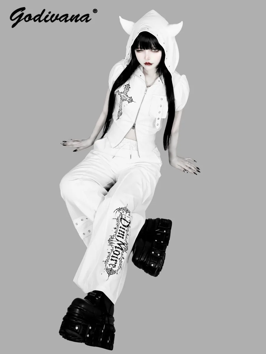 Japanese Harajuku Style Little Devil Hooded Rivet Zipper Short-sleeved Cardigan Coat Lace-up Wide-leg Pants Trouser Set Women