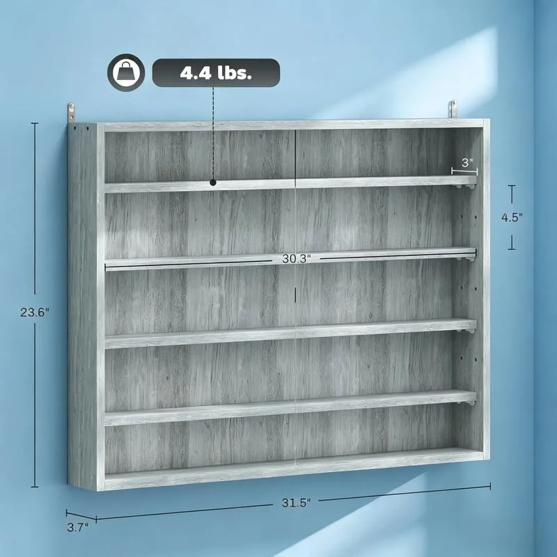 Gray  5-Tier Display Cabinet, Wall-Mounted Display Case with 2 Glass Doors and Adjustable Shelves