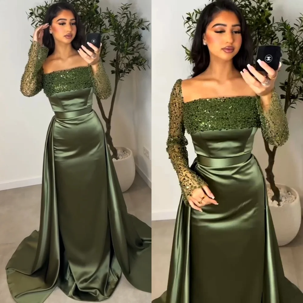 

Customized Fashion Sequined A-line Square Neck Long Dresses Bespoke Occasion Dresses Exquisite Saudi Arabia
