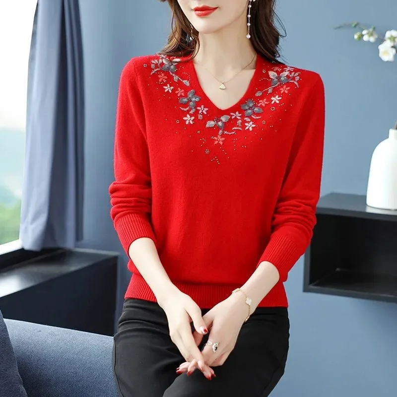 2023 New Fashion Embroidery Sweater Bottoming Shirt Spring Autumn Women\'s Knitwear Pullover Tops Casual Soft Knitted T-Shirt