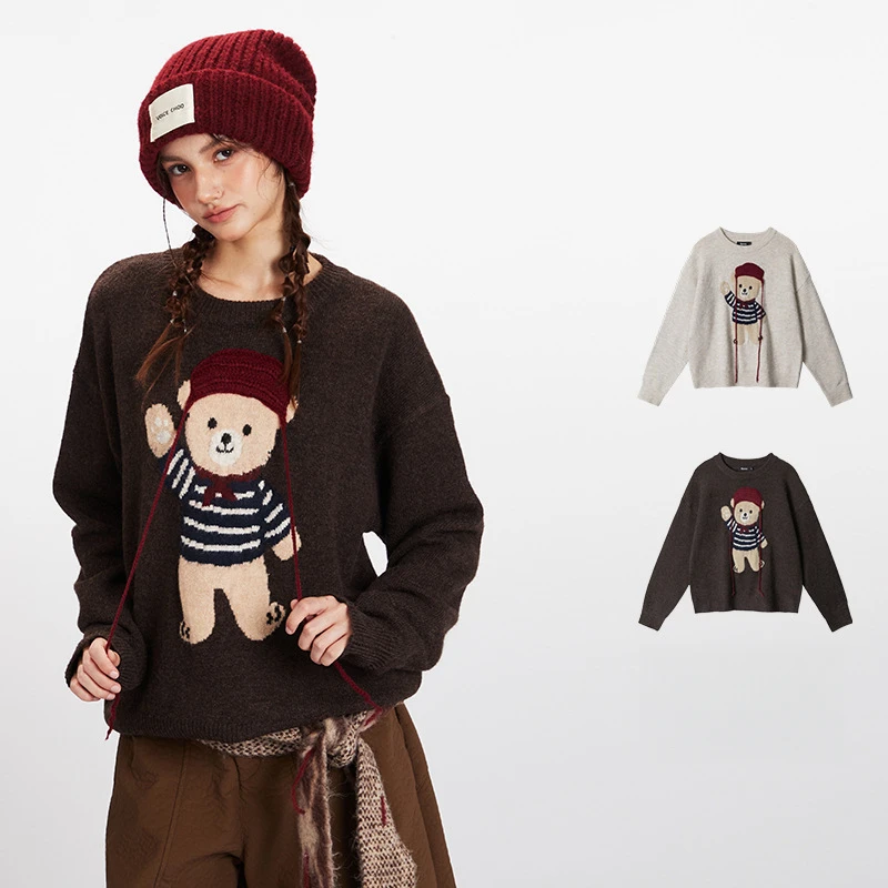 

New Autumn Winter Bear Couple Pullover Sweater Men Women Round Neck Loose Lazy Inner Outer Knitted Sweater
