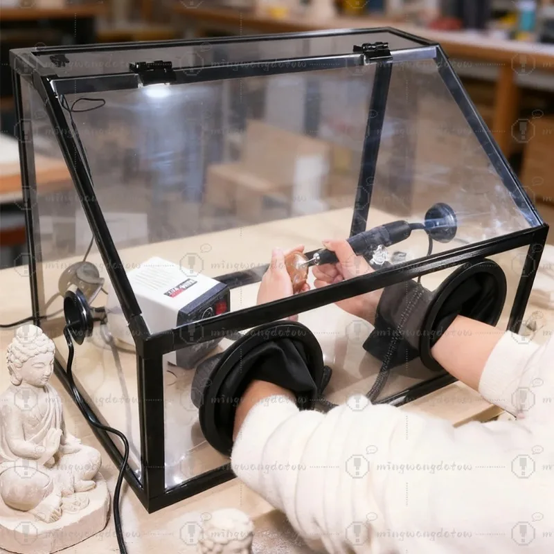 Adjustable Speed Fan Polishing Dust-Proof Box Well-Sealed Acrylic Grinding Enclosure with Glove Holes for Jewelry Hobby Craft