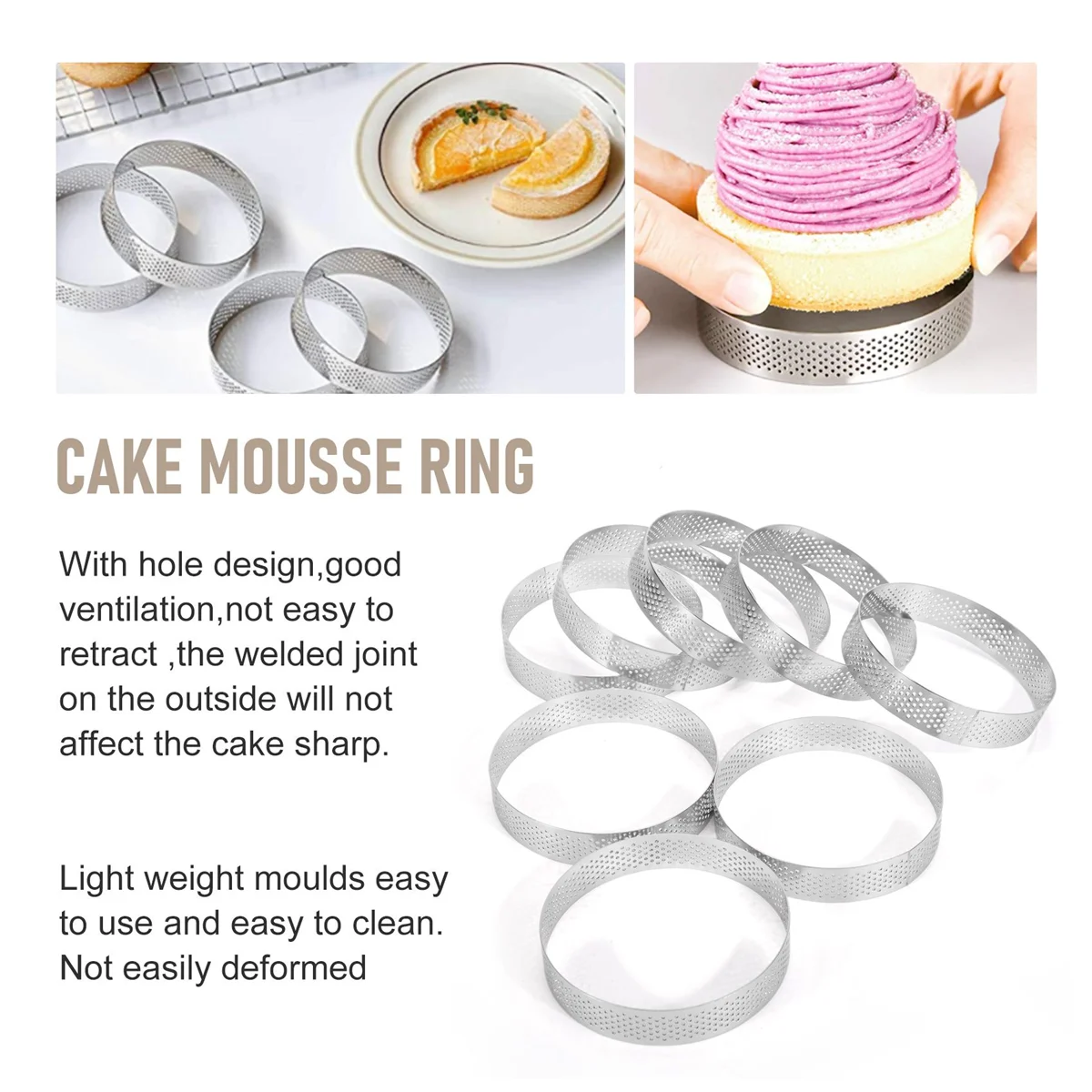 8Pcs Stainless Steel Tart Ring, Heat-Resistant Perforated Cake Mousse Ring Round Double Rolled Tart Ring Metal Mold 10cm