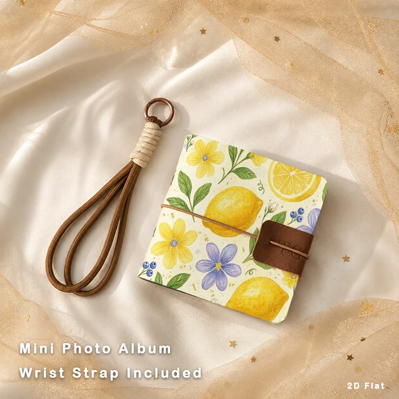 Watercolor Lemon Flower Mini Photo Album Portable Pocket Memory Book With Wrist Rope Photo Storage Album Holiday Birthday Gift