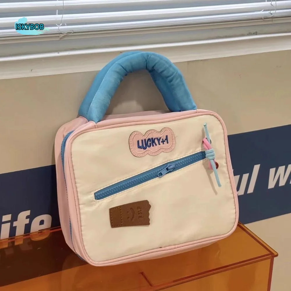 

Cotton Stuffed Handle Contrasting Colors Cosmetic Bag Korean Style Toiletries Organizer Makeup Pouch Bag Large Capacity Handbag