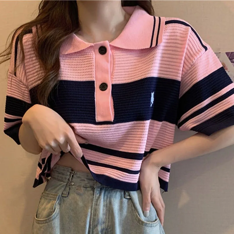 Fashion Thin Short Sleeve T-Shirt Women Summer Loose Turn-Down Collar Knitted Tees Woman Korean Style Pink Colour Striped Blouse