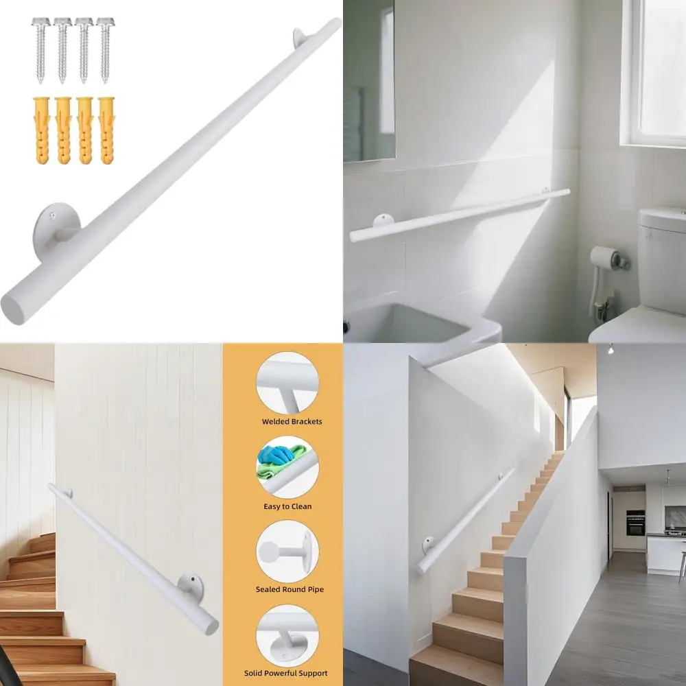 درابزين الدرج المعدني المثبت على الحائط الداخلي، درابزين الدرج الأبيض مقاس 48 بوصة، للاستخدام الخارجي والداخلي، قضبان الإمساك للسلامة #1