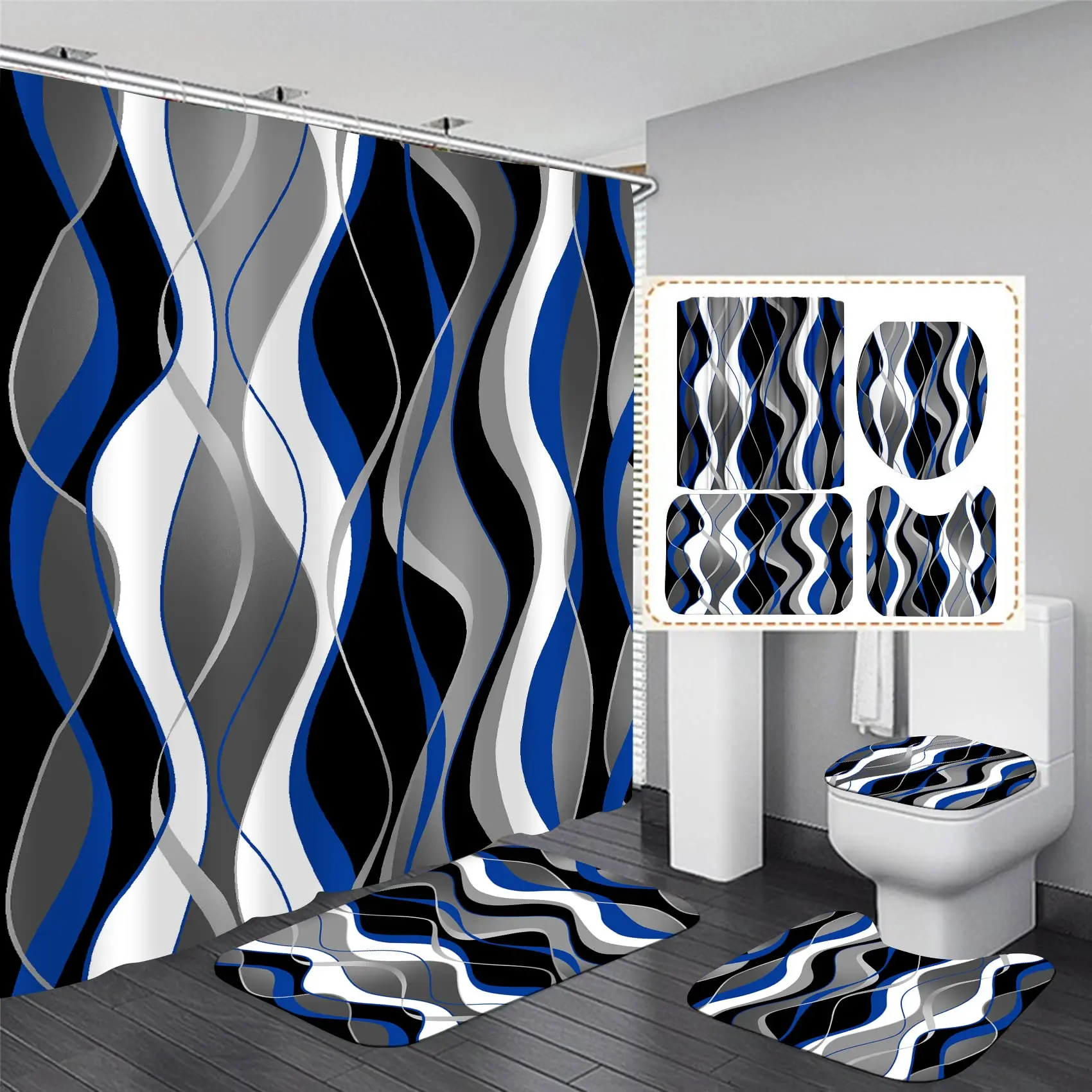 

Blue and Black Striped Shower Curtain Set Grey and White Bathroom Sets Modern Home Bathroom Decor with Rugs and Toilet Lid Cover