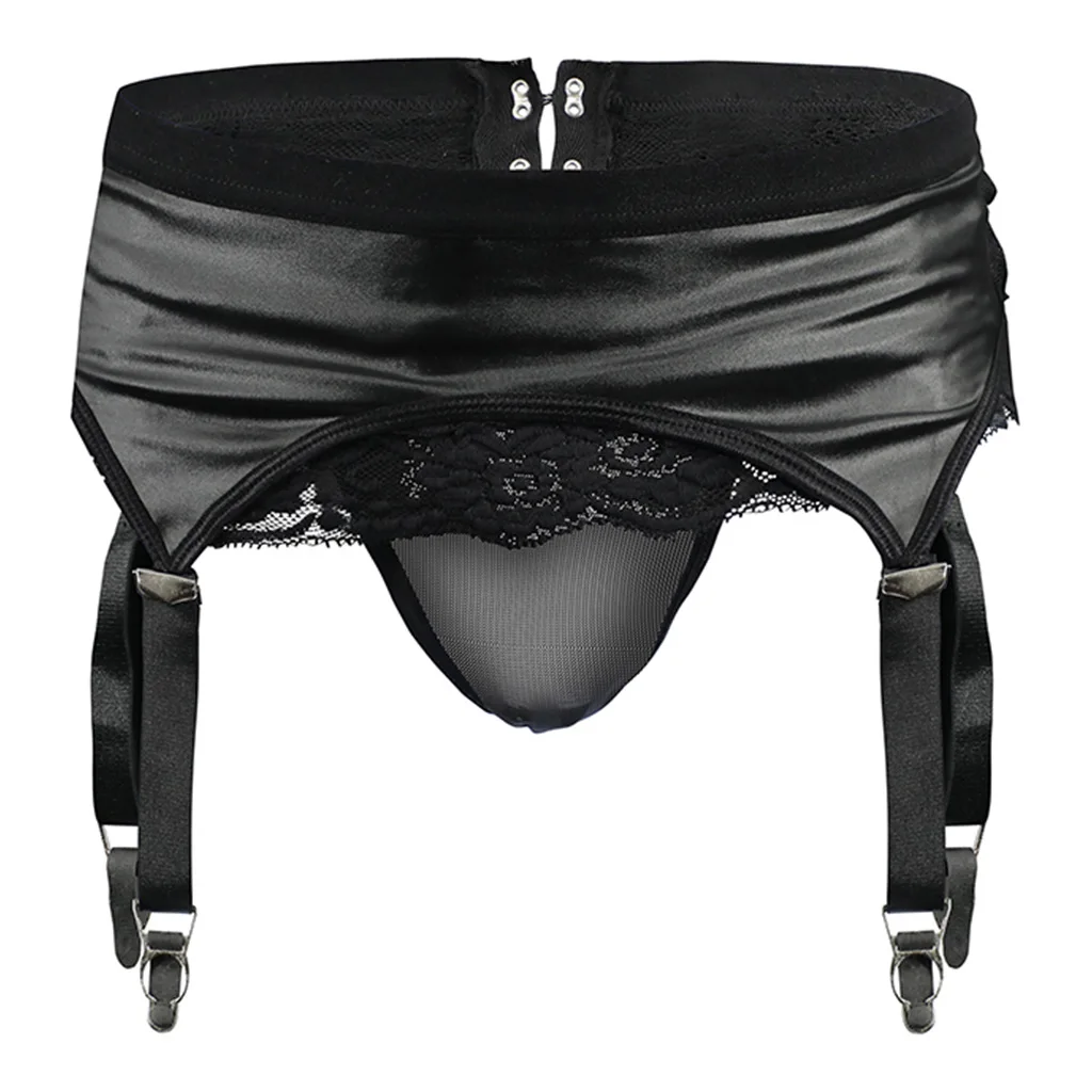 

Sexy Men's Lace Faux Leather Waistband Thong Mesh Breathable Low-rise Underwear Set Adult Male Short With Garter Belts Attachs