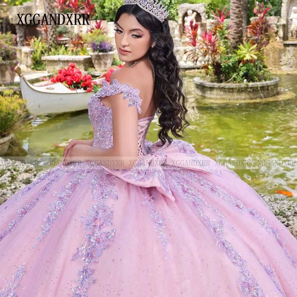 Personalizado rosa quinceanera vestido 2025 brilhante mexicano vestidos de 15 anos renda applique arco vestido de baile princesa doce 16 vestido
