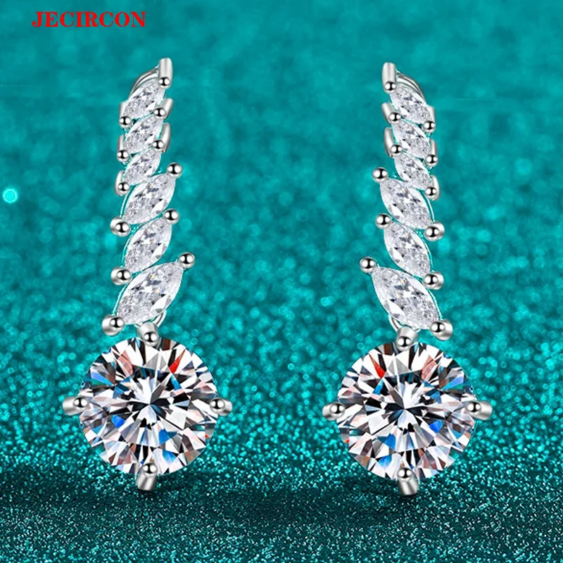 

JECIRCON S925 Sterling Silver Tassel Earrings with 2 Carat Round Moissanite & Luxurious, Dazzling Marquise High Carbon Diamonds