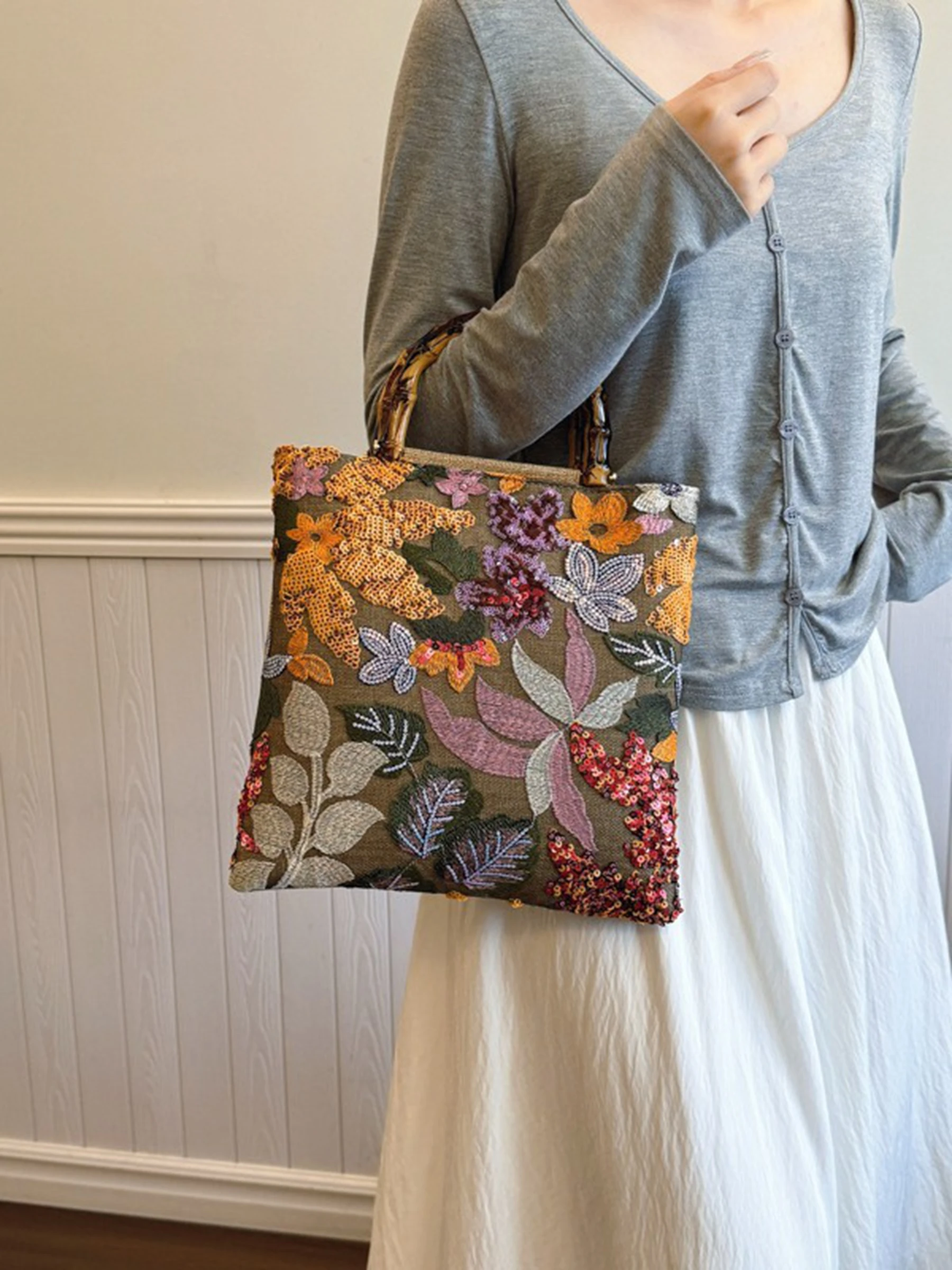 

Новая льняная бамбуковая сумочка, женский вечерний клатч с вышитыми пайетками, европейская и американская женская ручная сумка