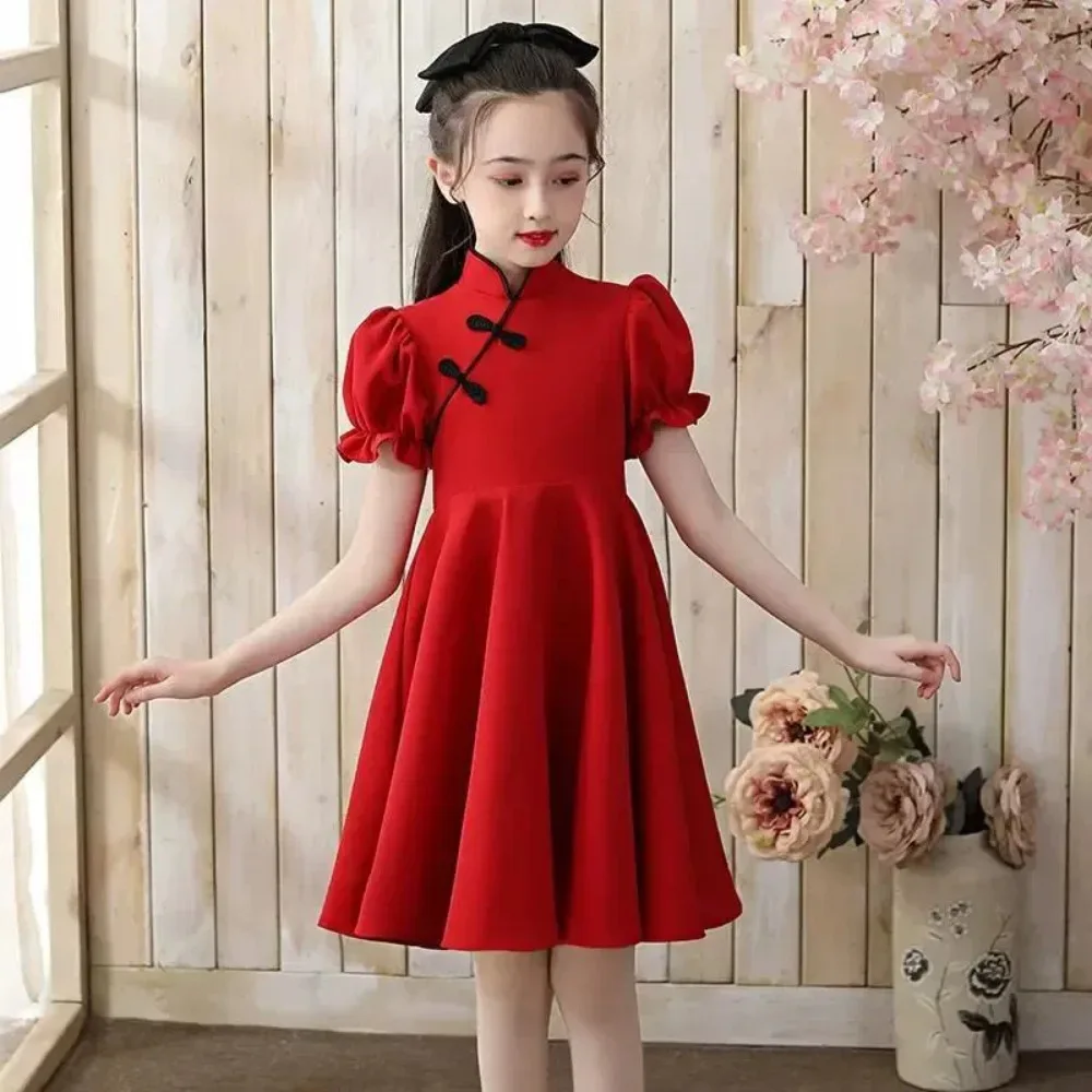 Cheongsam Dress Chinese Style Vintage Qipao New Year Red Kids Clothes Party Children Clothing Stage Performance Costume Princess