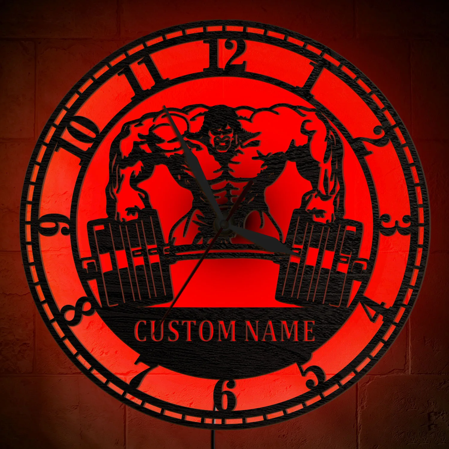 Personalized Bodybuilder LED Lighted Wall Clock for Home GYM Fitness Room Dumbbell Weightlift Night Light Clock with Custom Name