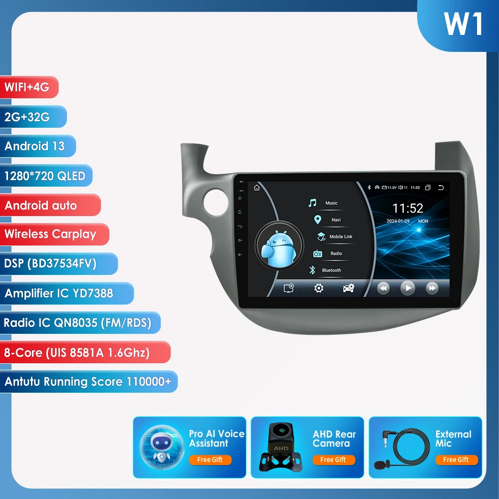 Draadloze CarPlay Android Auto autoradio voor Honda Jazz Fit 2007-2014 Intelligente Systemen GPS Multimedia Stereo Touchscreen 6115