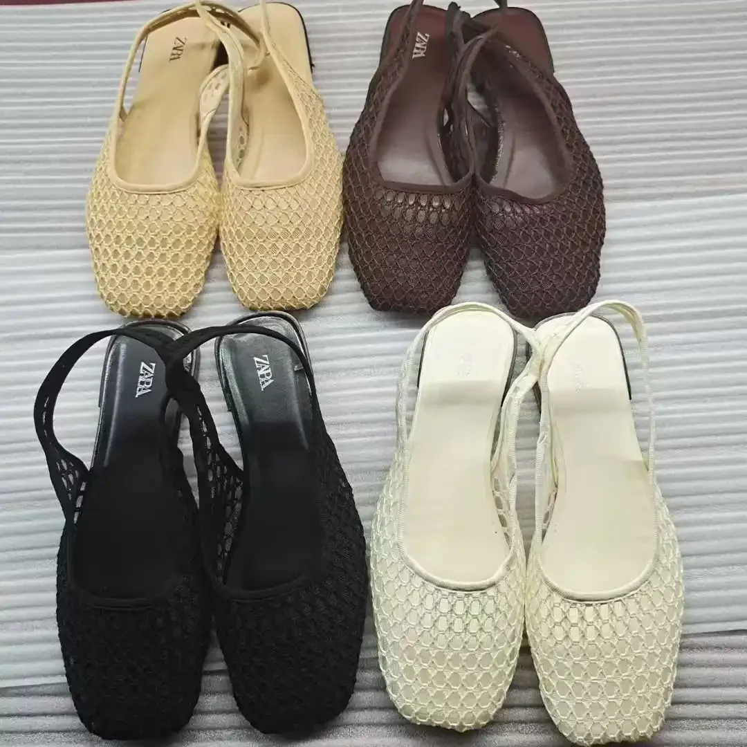 

Square head fishing net medium mouth large size 35-42 size rear strap solid color versatile hollow flat sole shoes women