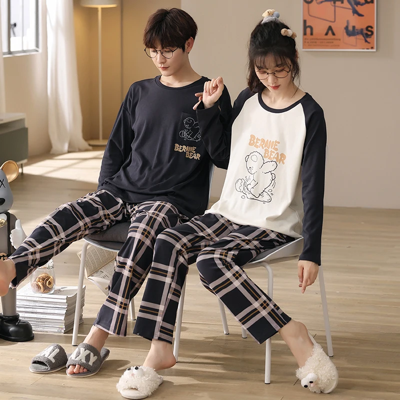 All cotton pajamas couple style bear pattern top paired with checkered pants men's and women's pajamas casual set spring autumn