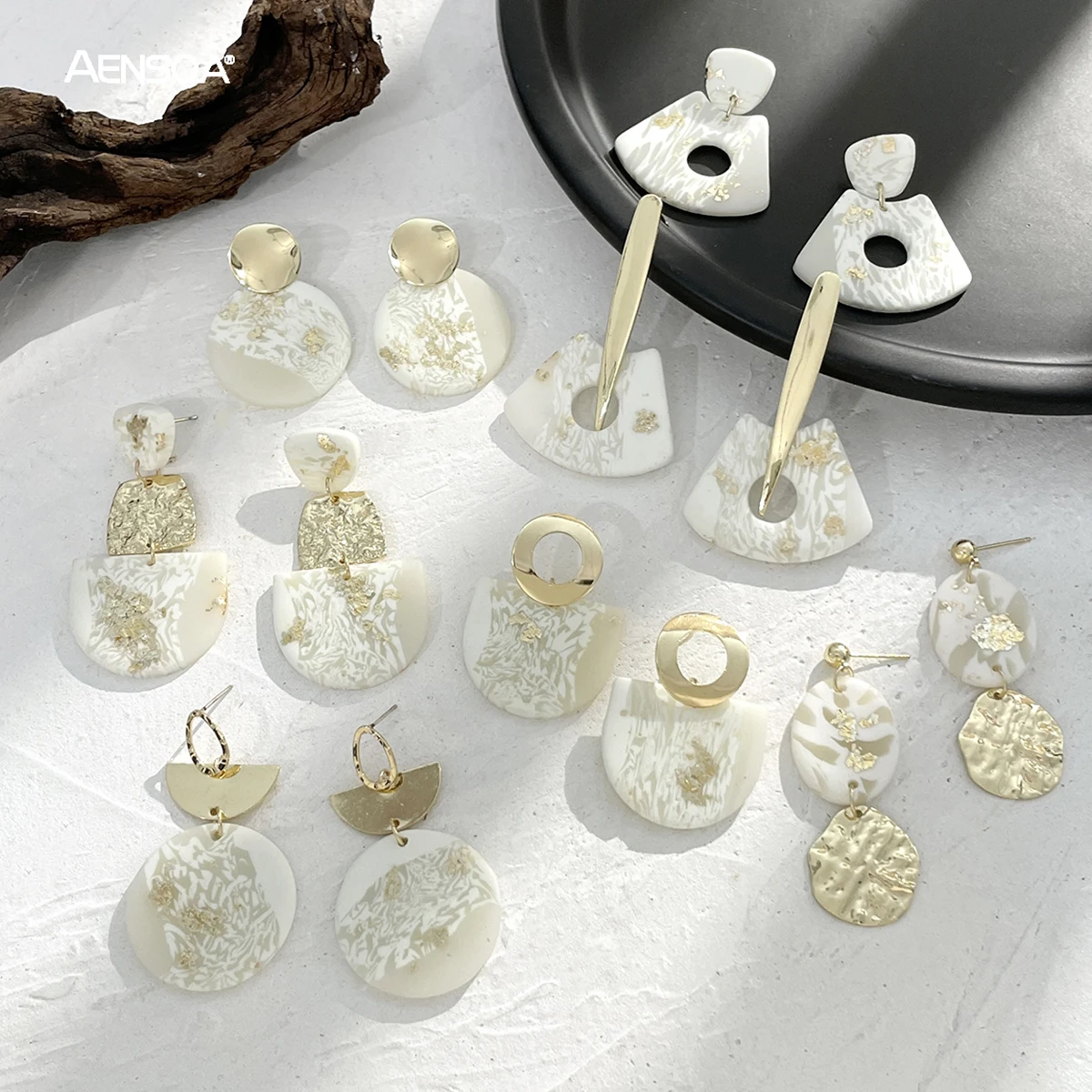 AENSOA Handmade White Marble Textured Polymer Clay Earrings for Women Gold Color Metal Geometric Clay Drop Earrings Jewelry 2022