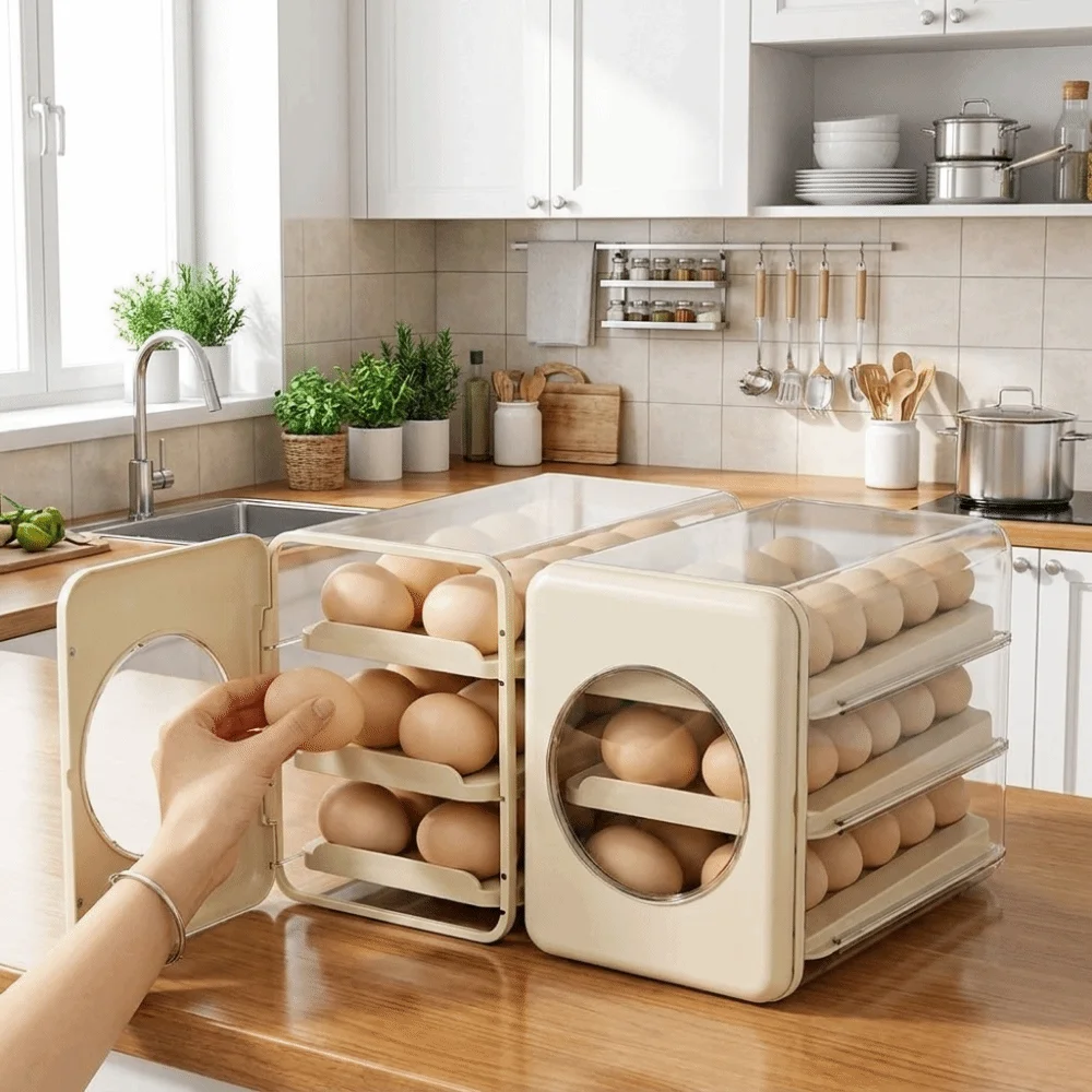 Practical 3 Tier Egg Storage Box PET Transparent Rolling Egg Dispenser Drawer Type Dust-proof Egg Holder for Household