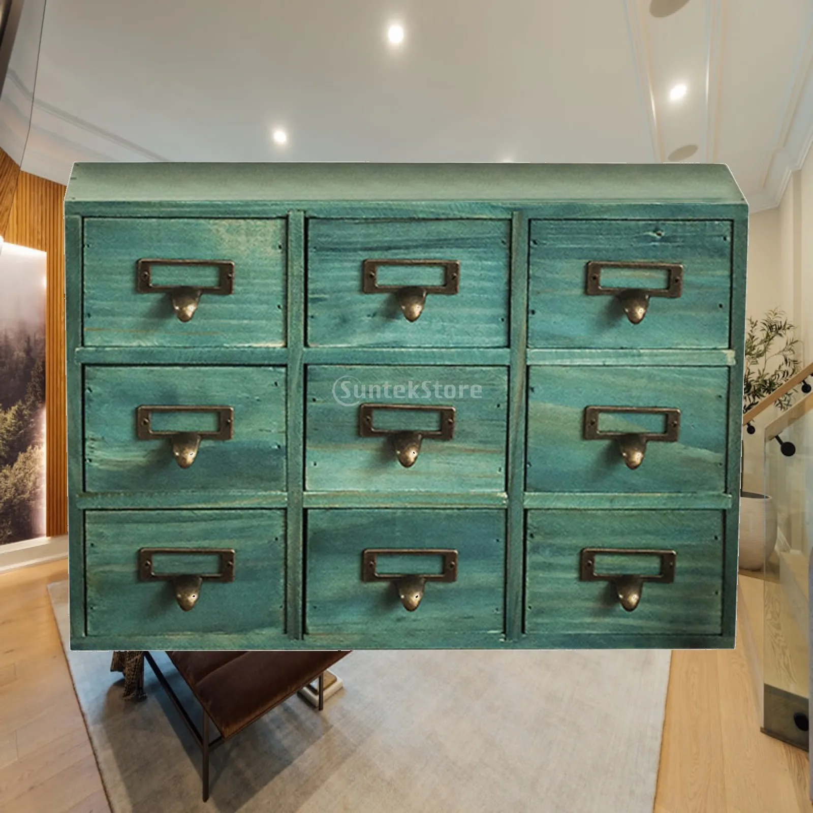 Desktop Storage Cabinet with 9 Drawers Rustic with Metal Pulls Herb Storage Box Makeup Shelf Drawer Organizer for Bedroom Home