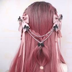 Korean Japanese Larme Kei Hair Hair Bow Chain Hair Bow Clip Cute Jiraikei Women's Couple Hairclips Hair Ornaments Lolita