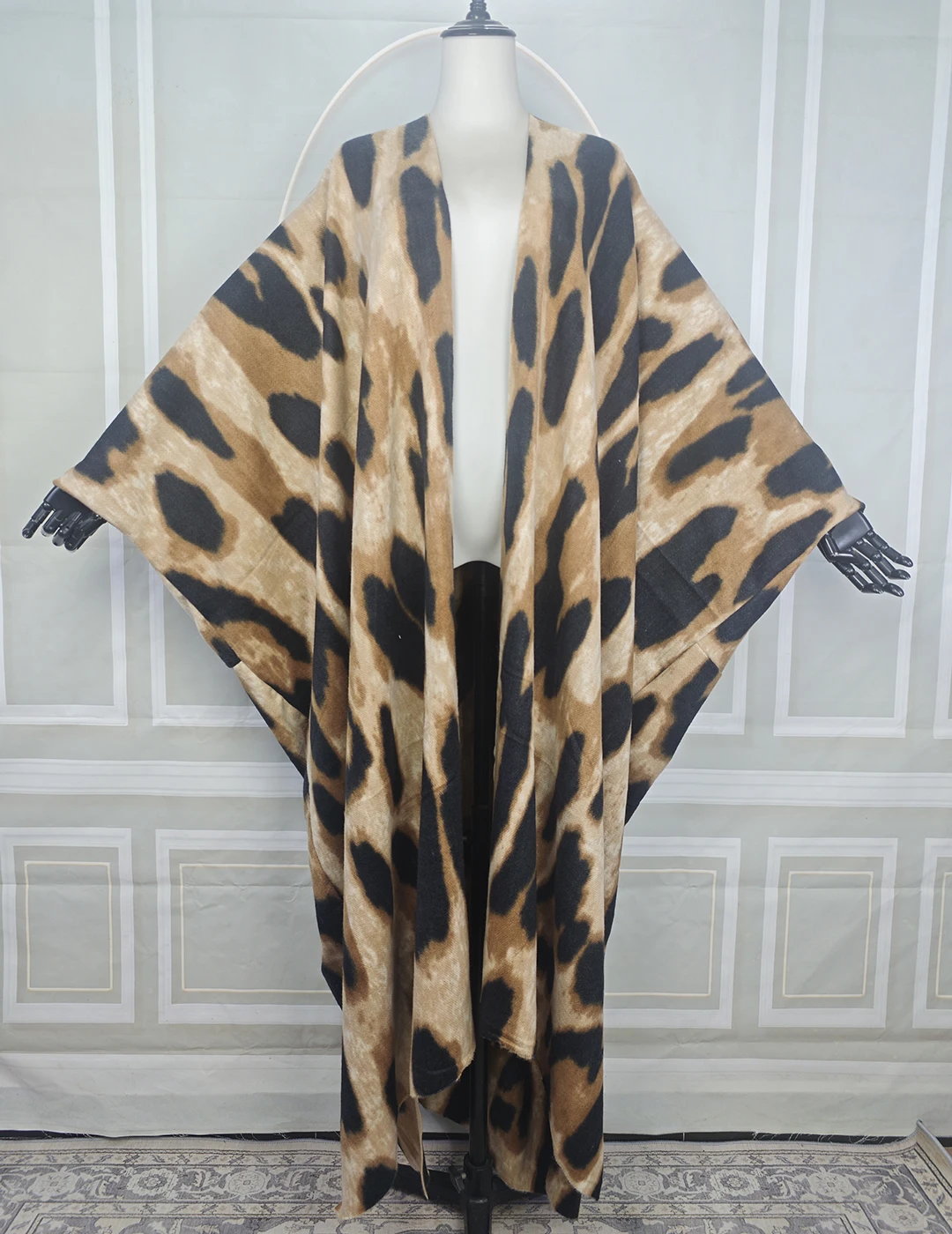 

Winter Fashion Leopard Long Cardigans Plus African Women Kaftan Warm Open Front Kimonos Dubai Luxury Abaya Poncho